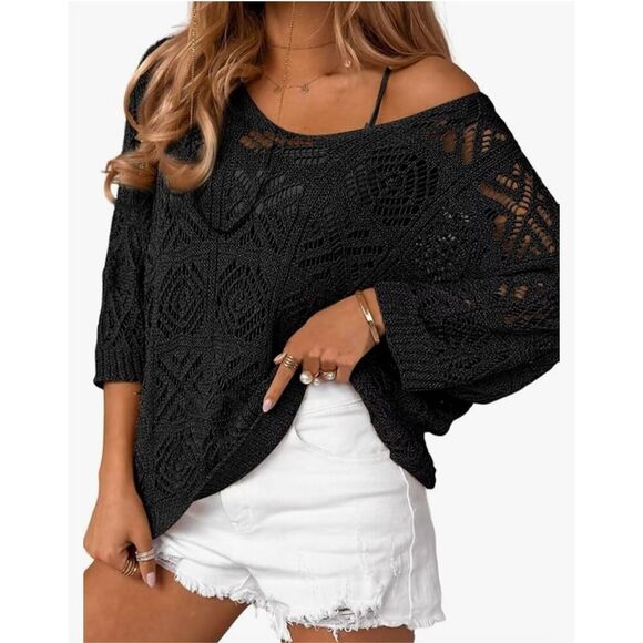 NEW Black Crochet Hollow Out 3/4 Sleeve Pullover Sweater Off Shoulder XL - Picture 1 of 7